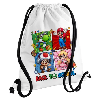 Back to the School Mario & Friends, Backpack pouch GYMBAG white, with pocket (40x48cm) & thick cords