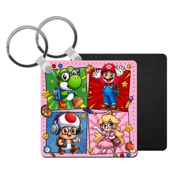 Back to the School Mario & Friends, Μπρελόκ Δερματίνη, τετράγωνο ΜΑΥΡΟ (5x5cm)