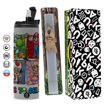 Back to the School Mario & Friends, Πασχαλινή Λαμπάδα με Travel Tumbler θερμό (600ml, BPA free) & κερί αρωματικό πλακέ (30cm) (ΓΚΡΙ)