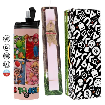 Back to the School Mario & Friends, Πασχαλινή Λαμπάδα με  ΡΟΖ Travel Tumbler θερμό (600ml, BPA free) & κερί αρωματικό πλακέ (30cm) (ΡΟΖ)