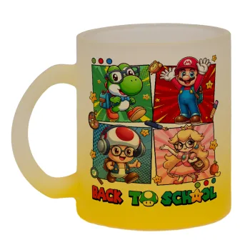 Back to the School Mario & Friends, Κούπα γυάλινη δίχρωμη με βάση το κίτρινο ματ, 330ml