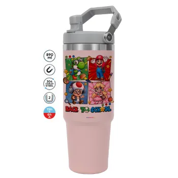 Back to the School Mario & Friends, Pink color, 890ml (30oz) stainless Steel Tumbler with Handle