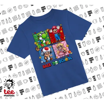 Back to the School Mario & Friends, Παιδικό T-Shirt ΜΠΛΕ από 100% βαμβάκι, για κάθε μέρα. Vegan & OEKO-TEX πιστοποιημένο.