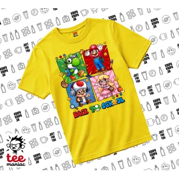 Back to the School Mario & Friends, yellow childrens T-Shirt made of 100% cotton, for every day. Vegan & OEKO-TEX certified.
