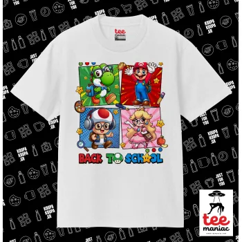 Back to the School Mario & Friends, Κλασικό T-Shirt, διπλής ραφής, χωρίς πλευρικές ραφές ΛΕΥΚΟ από 100% βαμβάκι. Vegan & OEKO-TEX πιστοποιημένο.