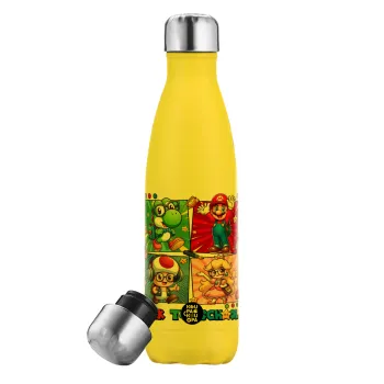 Back to the School Mario & Friends, Μεταλλικό παγούρι θερμός Κίτρινος (Stainless steel), διπλού τοιχώματος, 500ml