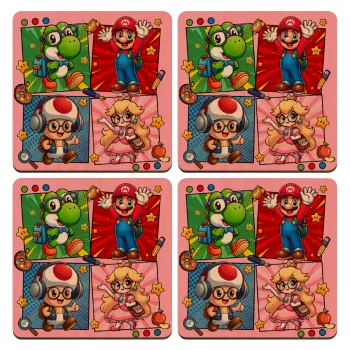 Back to the School Mario & Friends, ΣΕΤ x4 Σουβέρ ξύλινα τετράγωνα plywood (9cm)