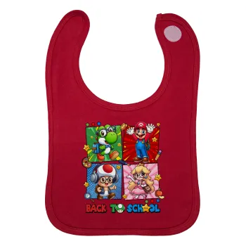 Back to the School Mario & Friends, Σαλιάρα με Σκρατς Κόκκινη 100% Organic Cotton (0-18 months)