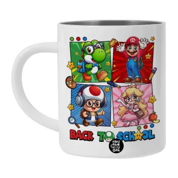 Back to the School Mario & Friends, Λευκή Ανοξείδωτη Μεταλλική Κούπα 450ml - Διπλού Τοιχώματος 