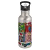 Water bottle Silver with straw, stainless steel 600ml