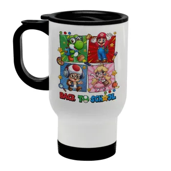 Back to the School Mario & Friends, Κούπα ταξιδιού ανοξείδωτη με καπάκι, διπλού τοιχώματος (θερμό) λευκή 450ml
