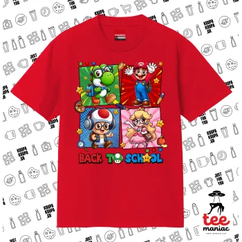 Back to the School Mario & Friends, Κλασικό T-Shirt, διπλής ραφής, χωρίς πλευρικές ραφές ΚΟΚΚΙΝΟ από 100% βαμβάκι. Vegan & OEKO-TEX πιστοποιημένο.