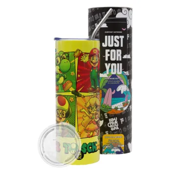 Back to the School Mario & Friends, Neon Yellow Travel Tumbler θερμό, μεταλλικό καλαμάκι(Ανωξείδωτο 304 Food grade, BPA free, 600ml)