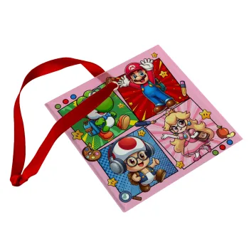 Back to the School Mario & Friends, Στολίδι Χριστουγεννιάτικο στολίδι γυάλινο τετράγωνο 9x9cm