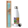 Easter Set, metallic stainless steel water bottle (750ml) & aromatic flat Easter candle (30cm) (TURQUOISE)