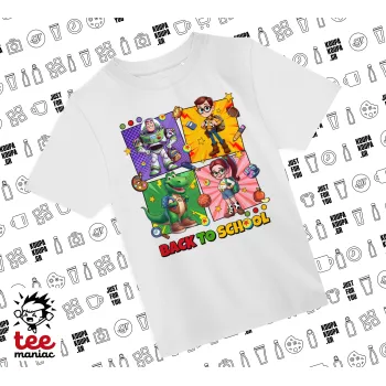 Back to the School Buzz & Friends, Άνετο παιδικό T-Shirt ΛΕΥΚΟ από 100% βαμβάκι, για κάθε μέρα. Vegan & OEKO-TEX πιστοποιημένο.