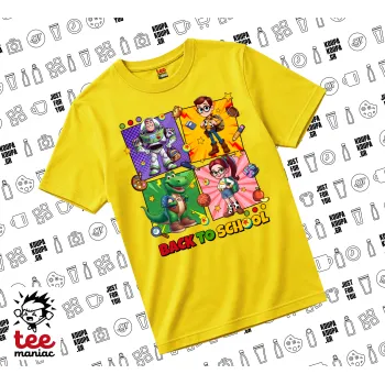 Back to the School Buzz & Friends, yellow childrens T-Shirt made of 100% cotton, for every day. Vegan & OEKO-TEX certified.