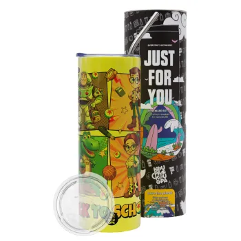 Back to the School Buzz & Friends, Neon Yellow Travel Tumbler θερμό, μεταλλικό καλαμάκι(Ανωξείδωτο 304 Food grade, BPA free, 600ml)