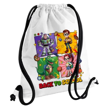 Back to the School Buzz & Friends, Backpack pouch GYMBAG white, with pocket (40x48cm) & thick cords