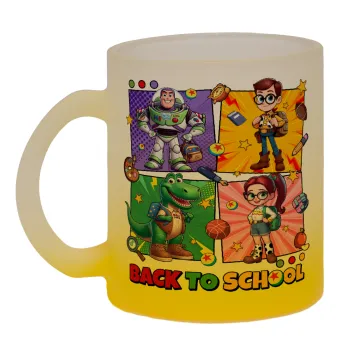 Back to the School Buzz & Friends, Κούπα γυάλινη δίχρωμη με βάση το κίτρινο ματ, 330ml