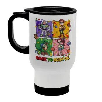 Back to the School Buzz & Friends, Κούπα ταξιδιού ανοξείδωτη με καπάκι, διπλού τοιχώματος (θερμό) λευκή 450ml