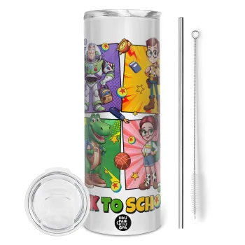 Back to the School Buzz & Friends, Tumbler ποτήρι θερμό από ανοξείδωτο ατσάλι 600ml, με μεταλλικό καλαμάκι & βούρτσα καθαρισμού