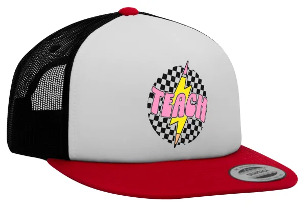 Teach — Adult Foam Flat Snapback with Mesh Red-White-Black (POLYESTER, ADULT, UNISEX, ONE SIZE)