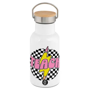 Teach, Μεταλλικό παγούρι θερμός (Stainless steel) Λευκό με ξύλινο καπακι (bamboo), διπλού τοιχώματος, 350ml