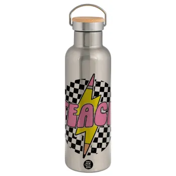 Teach, Μεταλλικό παγούρι θερμός (Stainless steel) Ασημένιο με ξύλινο καπακι (bamboo), διπλού τοιχώματος, 750ml