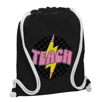 Teach, Backpack pouch GYMBAG Black, with pocket (40x48cm) & thick white cords
