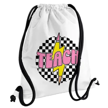 Teach, Τσάντα πλάτης πουγκί GYMBAG λευκή, με τσέπη (40x48cm) & χονδρά κορδόνια