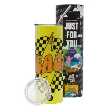 Teach, Neon Yellow Travel Tumbler θερμό, μεταλλικό καλαμάκι(Ανωξείδωτο 304 Food grade, BPA free, 600ml)