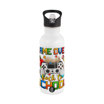 GAME OVER, Back to the School, White water bottle with straw, stainless steel 600ml