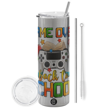 GAME OVER, Back to the School, Tumbler ποτήρι θερμό Ασημένιο από ανοξείδωτο ατσάλι 600ml, με μεταλλικό καλαμάκι & βούρτσα καθαρισμού