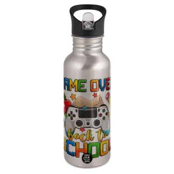GAME OVER, Back to the School, Παγούρι νερού Ασημένιο με καλαμάκι, ανοξείδωτο ατσάλι 600ml