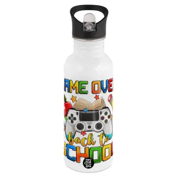 GAME OVER, Back to the School, Παγούρι νερού Λευκό με καλαμάκι, ανοξείδωτο ατσάλι 600ml