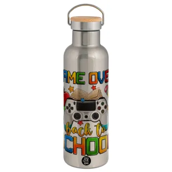 GAME OVER, Back to the School, Μεταλλικό παγούρι θερμός (Stainless steel) Ασημένιο με ξύλινο καπακι (bamboo), διπλού τοιχώματος, 750ml