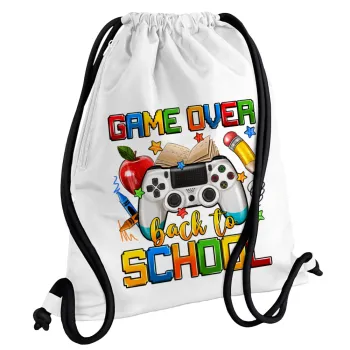 GAME OVER, Back to the School, Backpack pouch GYMBAG white, with pocket (40x48cm) & thick cords