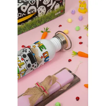 GAME OVER, Back to the School, Πασχαλινή Λαμπάδα με παγούρι μεταλλικό (620ml, stainless steel) & κερί αρωματικό πλακέ (30cm) (ΡΟΖ)