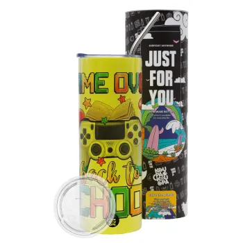 GAME OVER, Back to the School, Neon Yellow Travel Tumbler θερμό, μεταλλικό καλαμάκι(Ανωξείδωτο 304 Food grade, BPA free, 600ml)