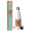 Easter Set, metallic stainless steel water bottle (750ml) & aromatic flat Easter candle (30cm) (TURQUOISE)