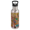 Water bottle Silver with straw, stainless steel 600ml