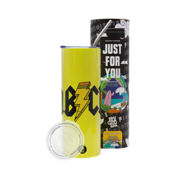 ABCD, Neon Yellow Travel Tumbler θερμό, μεταλλικό καλαμάκι(Ανωξείδωτο 304 Food grade, BPA free, 600ml)