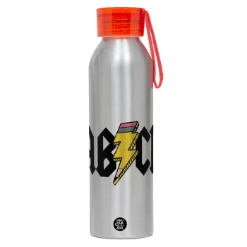 ABCD, Αλουμινένιο Αθλητικό Μπουκάλι 650ml – Ασημί με Κόκκινο Καπάκι και Λουράκι Σιλικόνης