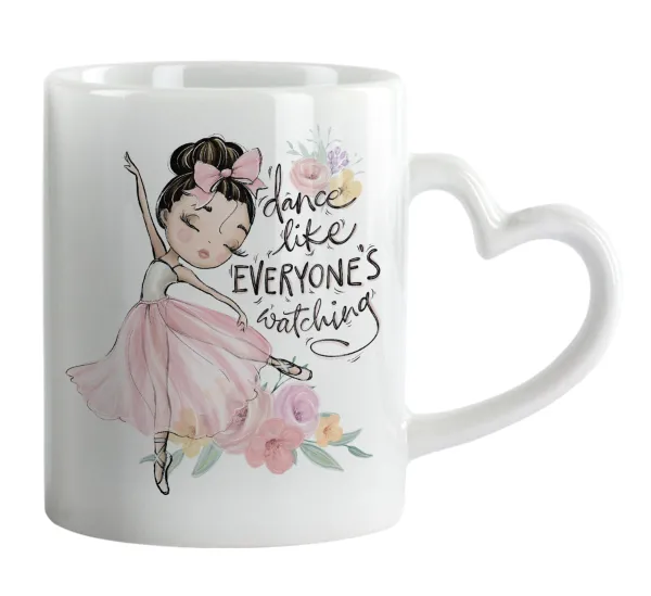 Dance Like everyone's watching — Κούπα καρδιά χερούλι λευκή, κεραμική, 330ml