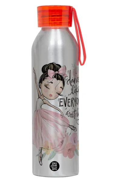Dance Like everyone's watching — Αλουμινένιο Αθλητικό Μπουκάλι 650ml – Ασημί με Κόκκινο Καπάκι και Λουράκι Σιλικόνης