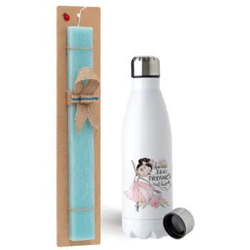 Dance Like everyone's watching, Easter Set, metallic stainless steel water bottle (750ml) & aromatic flat Easter candle (30cm) (TURQUOISE)