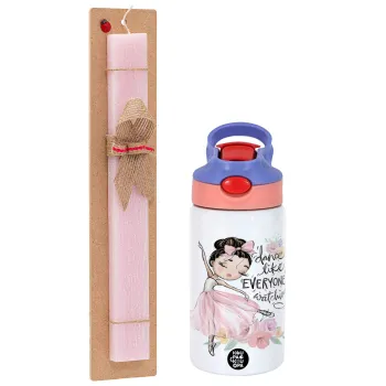 Dance Like everyone's watching, Easter Set, Children's thermal stainless steel water bottle with safety straw, pink/purple (350ml) & Easter scented flat candle (30cm) (PINK)