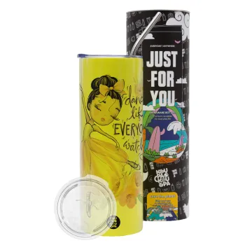 Dance Like everyone's watching, Neon Yellow Travel Tumbler θερμό, μεταλλικό καλαμάκι(Ανωξείδωτο 304 Food grade, BPA free, 600ml)