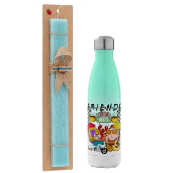 Friends, Easter Set, Metallic green/white thermos (Stainless steel), double-walled, 500ml & scented flat Easter candle (30cm) (TURQUOISE)